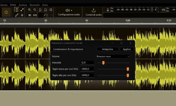 Funzione di rimozione vocale Audacity