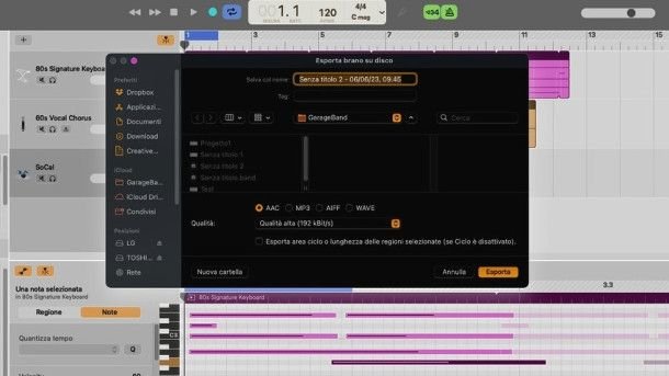 Esportazione progetto su GarageBand Mac