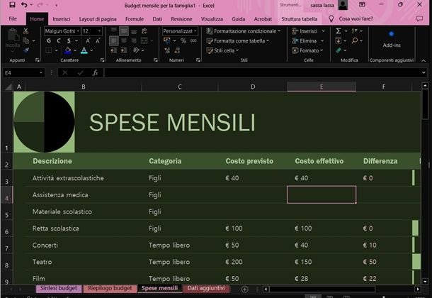 Excel per bilancio familiare