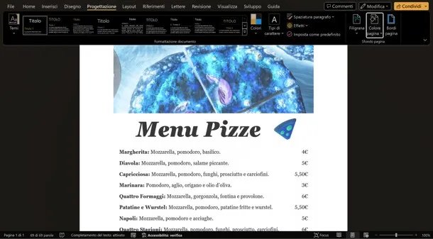 Menu Word sfondo scuro