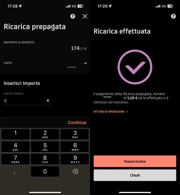Conferma ricarica carta prepagata UniCredit App