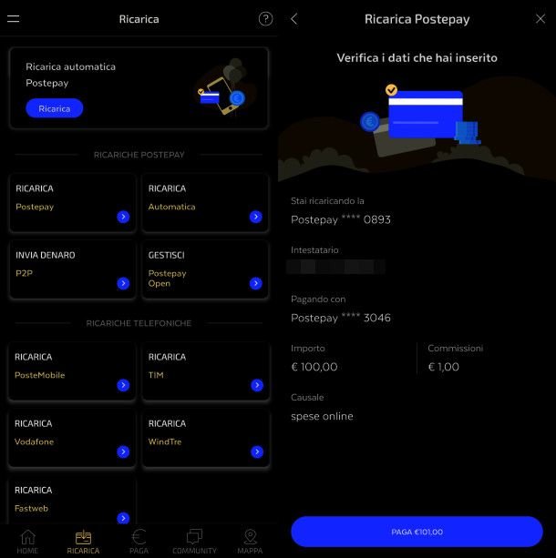 Ricarica Postepay da app