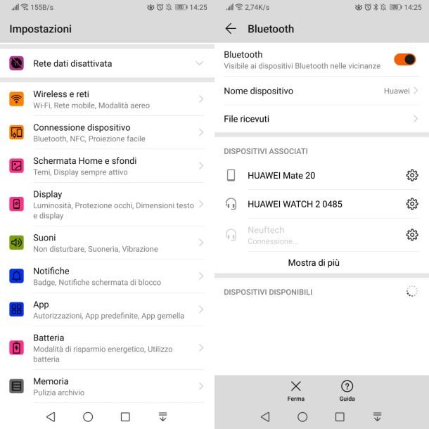 Impostazioni Bluetooth