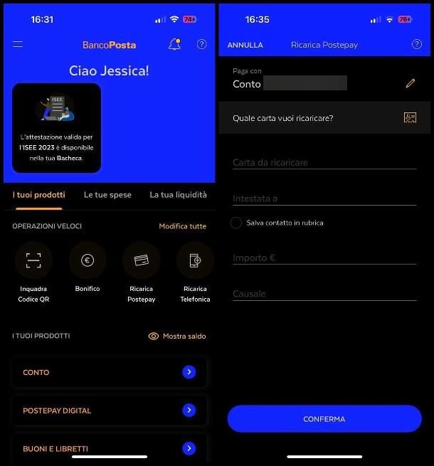 Ricarica tramite App BancoPosta